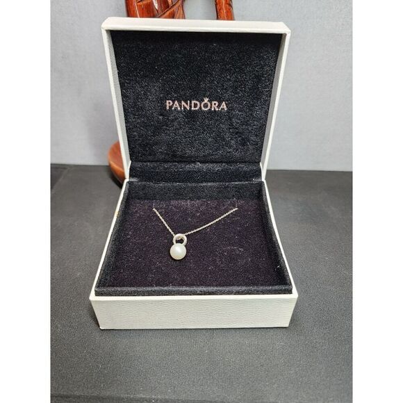PANDORA Elegant Beauty Pendant, White Pearl & Clear CZ with necklace - Picture 3 of 5